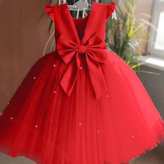 Kids Girls Christmas Party Dress Princess Pearls Mesh Dress for Baby Girl Red New Year Dresses for Girls Flower Girls Clothing - Dragonbeast