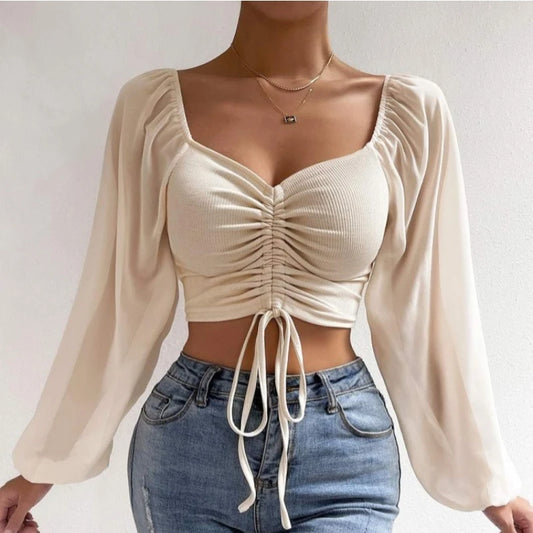 ALLUKASA Sexy Mesh Lantern Sleeves Drawstring Wrap Chest Bare Midriff T Shirt Women Long Sleeves Bottoming - Dragonbeast