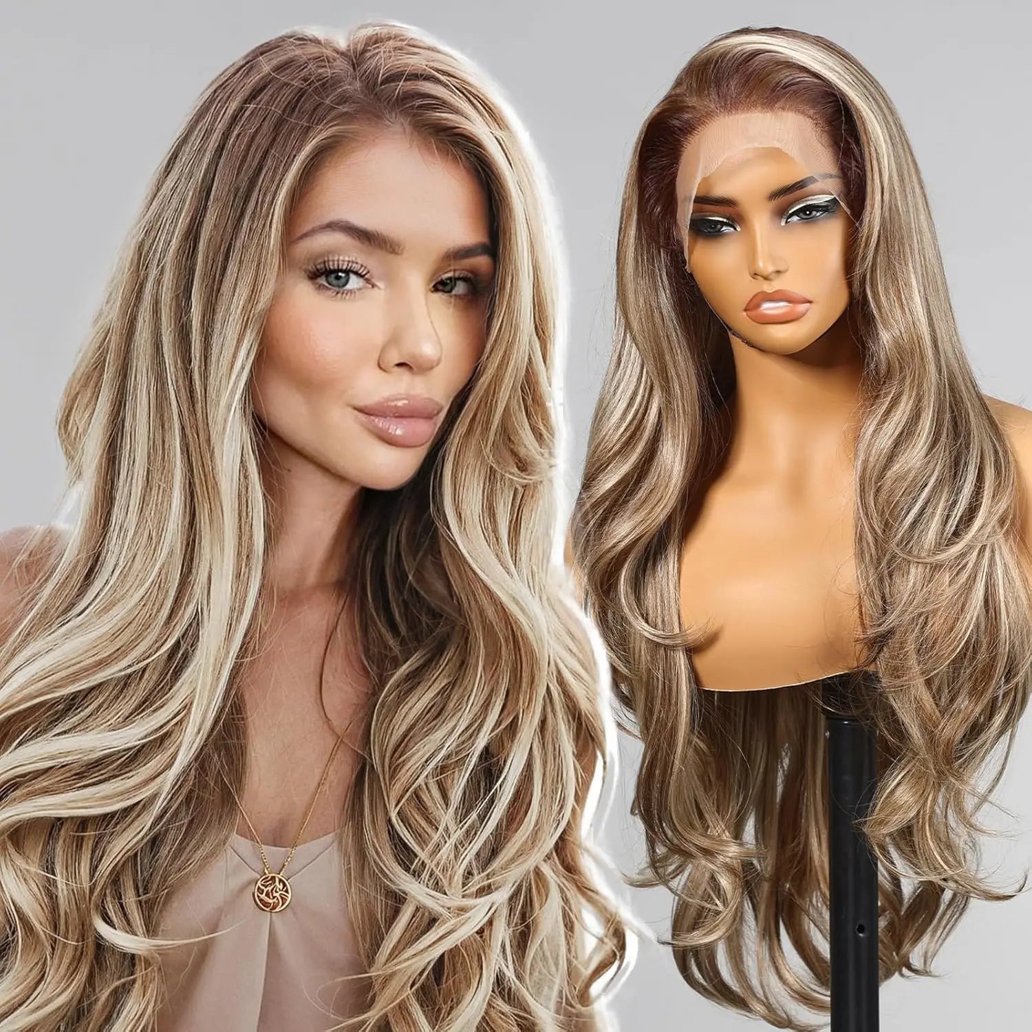 DWY Ash Brown Highlight Synthetic Lace Front Wig 13×6 Body Wave Pre Plucked Lace Wig for Women Wear and Go 28inch Wigs for Daily - Dragonbeast