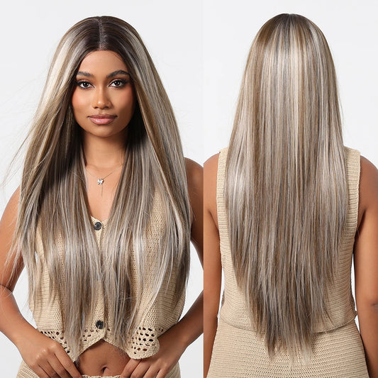 Long Straight Ash Gray Blonde Highlight Synthetic Wigs 13*6 Lace Frontal Wig Preplucked Baby Hair Wigs for Women Brazilian Daily - Dragonbeast