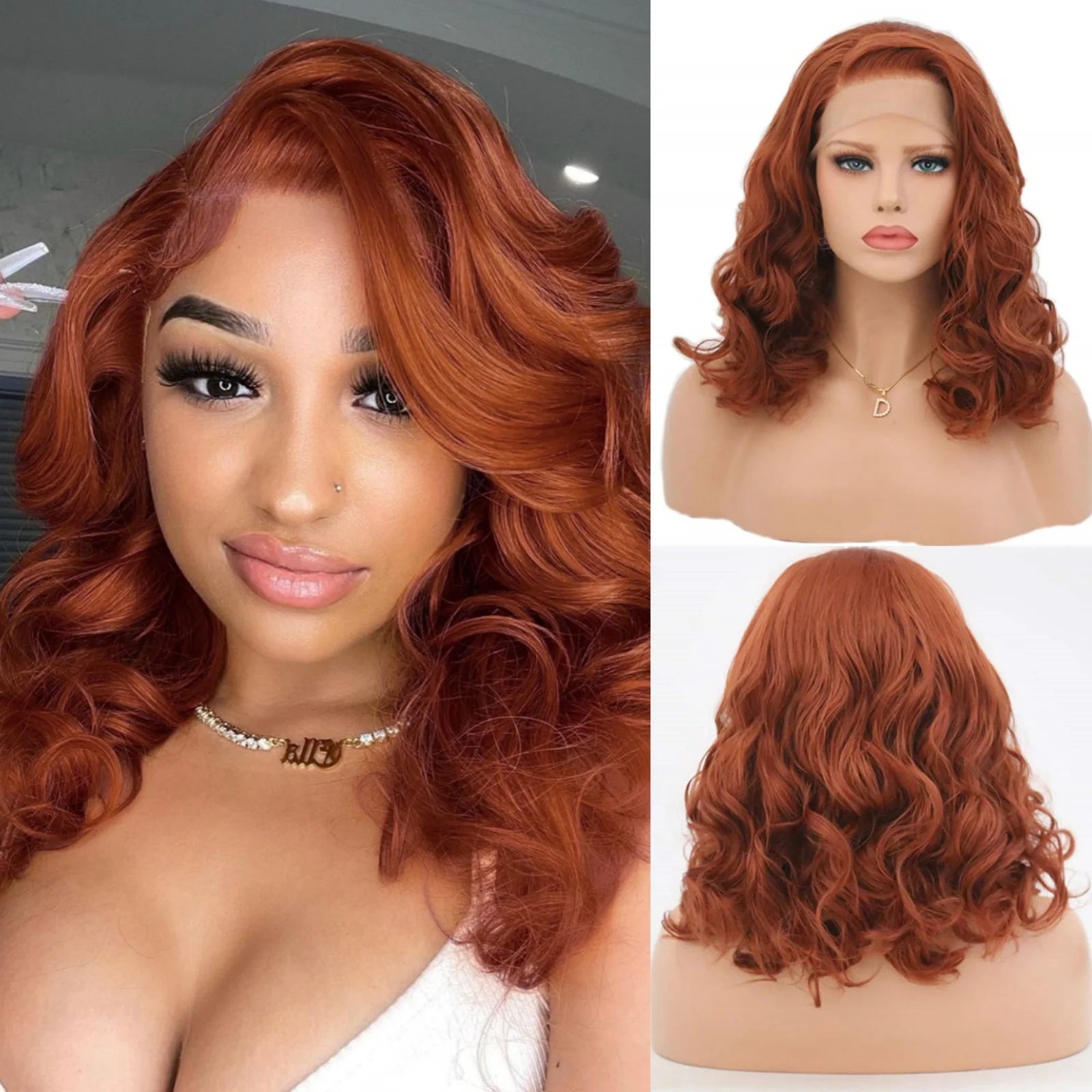 Copper Red Short Curly Wavy Bob Wig Synthetic Lace Front Wig Ginger Orange Auburn Colored Loose Wave 13x4 Frontal Wigs for Women - Dragonbeast