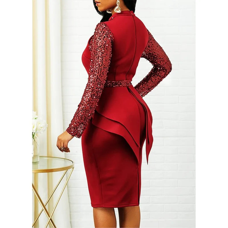 Woman Dress 2021 Spring Vintage Sexy Sequines Long Party Dress Women Casual Plus Size Slim Ruffles Office Pencil Bodycon Dresses - Dragonbeast