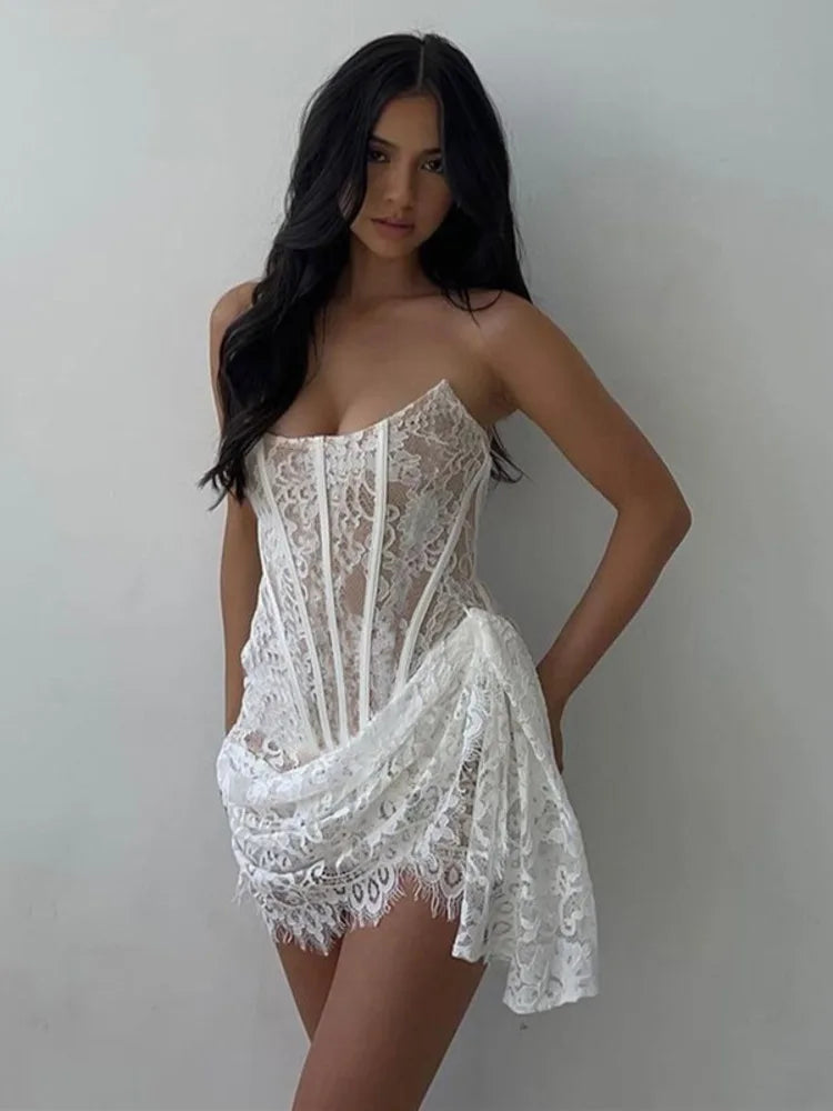 Mozision Lace Strapless Ruched Sexy Mini Dress For Women Fashion Fishbone Off-shoulder Sleeveless Backless Club Party Dress - Dragonbeast