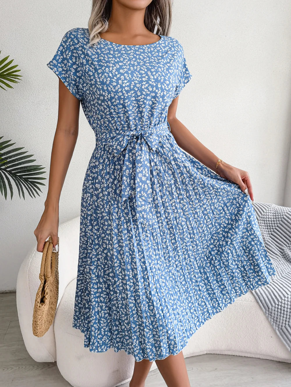 Women Spring Summer Short Sleeve High Waist Chic Dress Fashion Floral Pleated A Line Long Dress - Dragonbeast