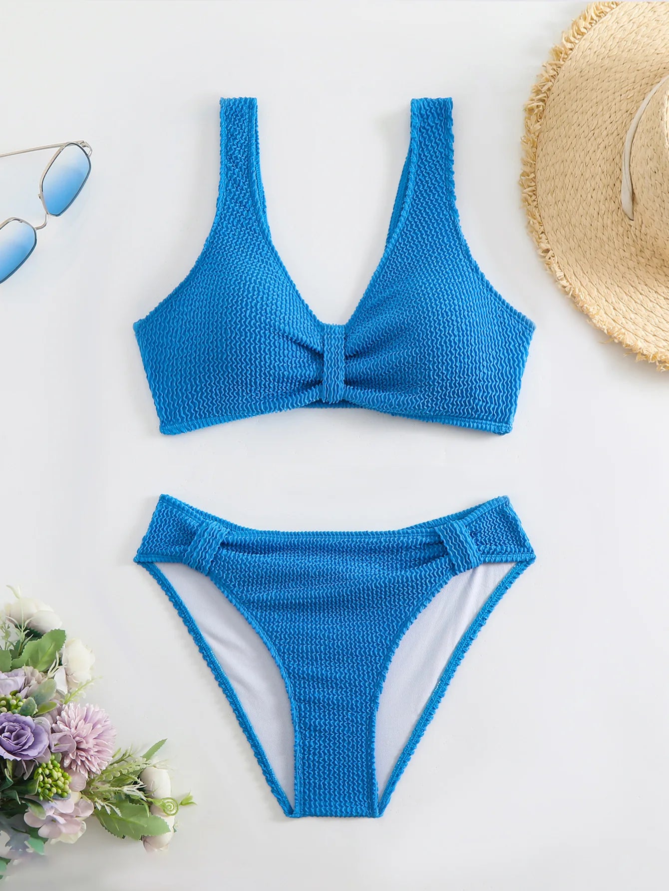 2025 Summer New Women's 2 Piece Swimsuit Solid Color High Waist Bikini Set V-neck Backless Beach Vacation Bathing Suit Swimwear