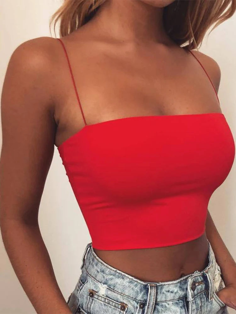 2024 New Fashion Women Spaghetti Strap Crop Top Sexy Bodycon Sleeveless Cami Tube Top Basic Plain Camisole - Dragonbeast