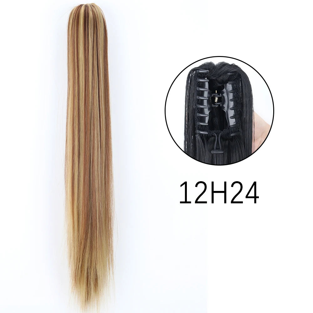 Synthetic Long Straight Claw Clip On Ponytail Hair Extensions 24Inch Heat Resistant Pony Tail Hair piece For Women Daily Party - Dragonbeast