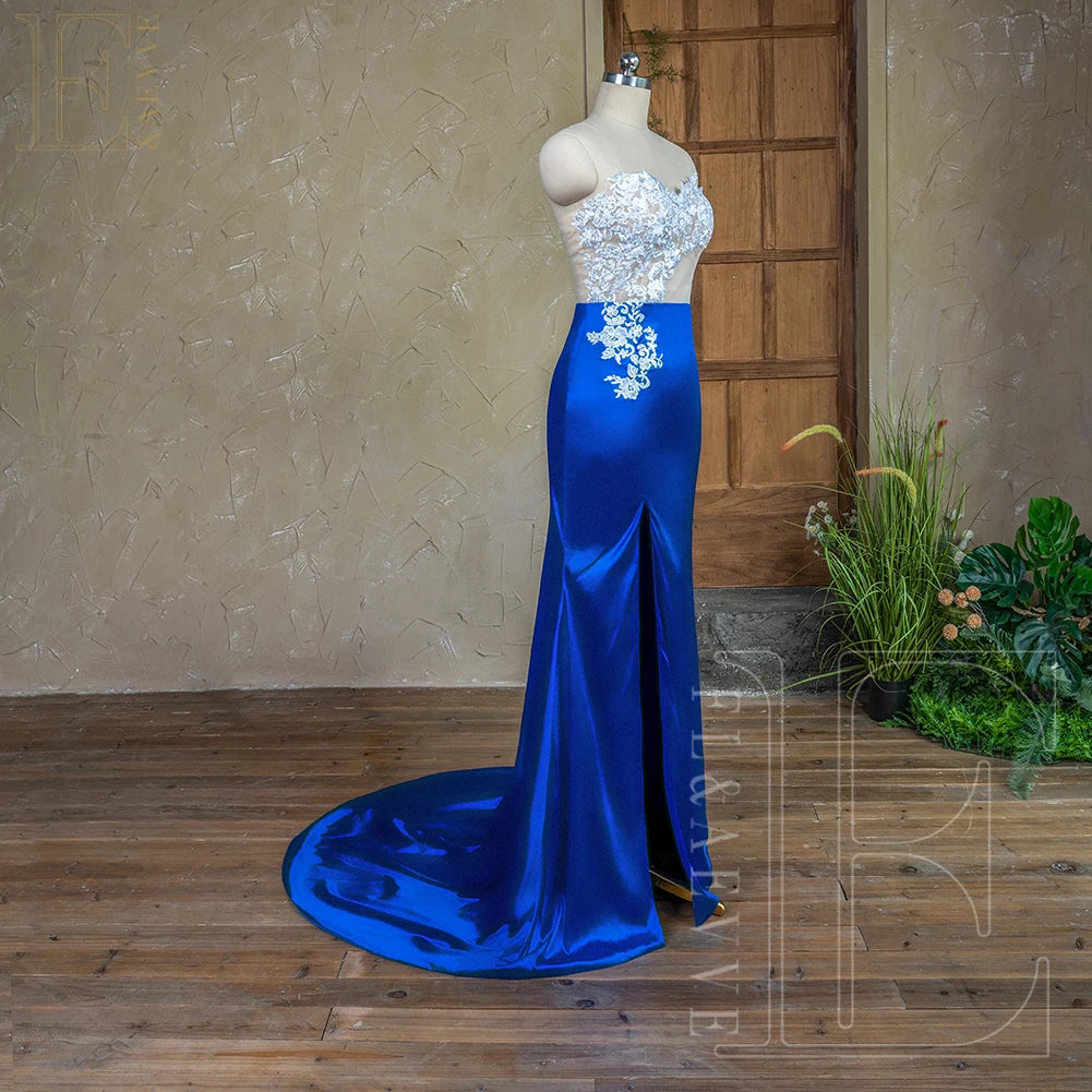 Royal Blue Satin Bridesmaid Dresses Long Sleeve Lace Party Dress for Weddings Side Split Guest Dresses Elegant Gowns Customized - Dragonbeast