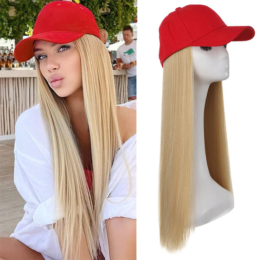 Hat Wigs-synthetic 22inch red baseball cap straight hair wig ducktail long straight hair wig hat extensions wigs christmas hat - Dragonbeast