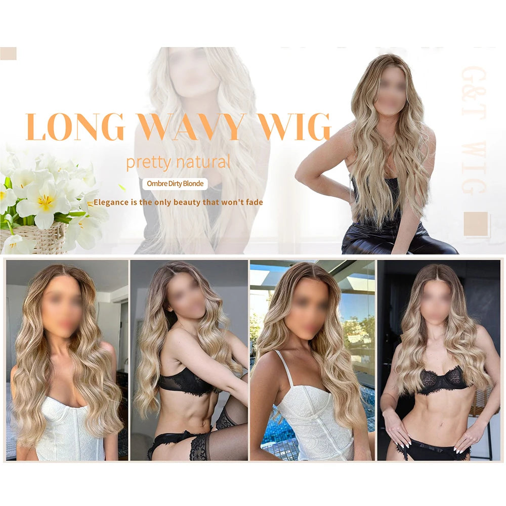 Long Curly Wave Synthetic Wigs Ombre Brown Blonde Wigs Middle Parted Hairstyle For Women Daily Party Heat Resistant Fake Hairs - Dragonbeast