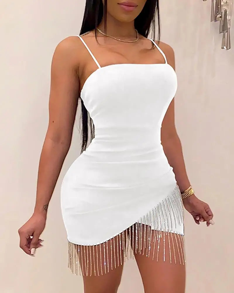 New Woman Party Night Birthday Tassel Split Sleeveless Bodycon Dress Summer Elegant Suspender Short Mini Pencil Sexy Dresses - Dragonbeast