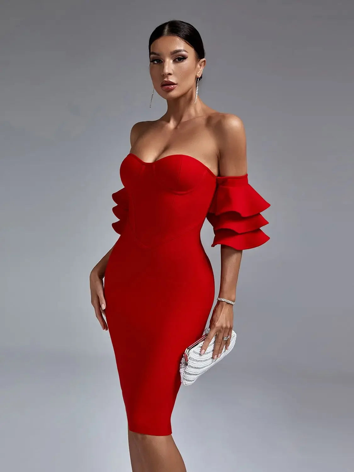 Red Bandage Dress Women Midi Party Dress Bodycon Elegant Ruffle Sexy Off Shoulder Evening Birthday Club Outfits Summer 2023 - Dragonbeast