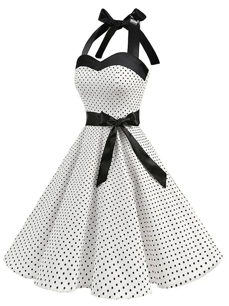 Women Polka Dot Print Summer Dress Sexy Retro White Halter Vintage Dress Robe Femme Pin Up Rockabilly Party Dress - Dragonbeast