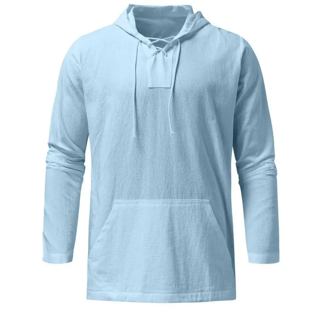 Spring Summer Cotton Linen Men's Hooded Pullover Solid Thin Long Sleeve Shirts With Hat Casual String Lace Up T-shirts Men Tops