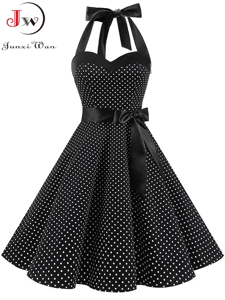 Women Polka Dot Print Summer Dress Sexy Retro White Halter Vintage Dress Robe Femme Pin Up Rockabilly Party Dress - Dragonbeast