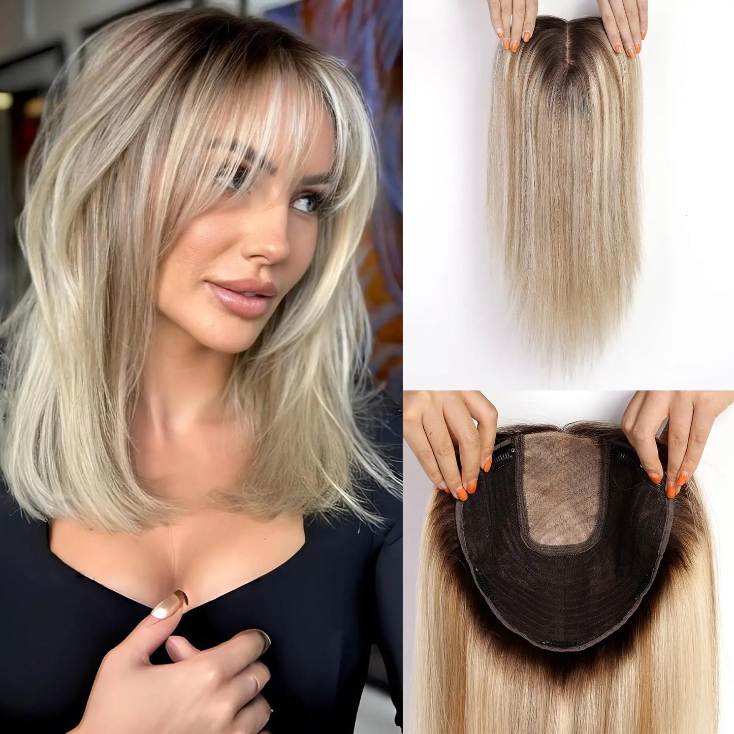 16 Inches Straight Remy Human Hair Toppers for Women Blonde Dark Root Hair Toppers Hairpieces Extensions Clips In Hair Toppers - Dragonbeast