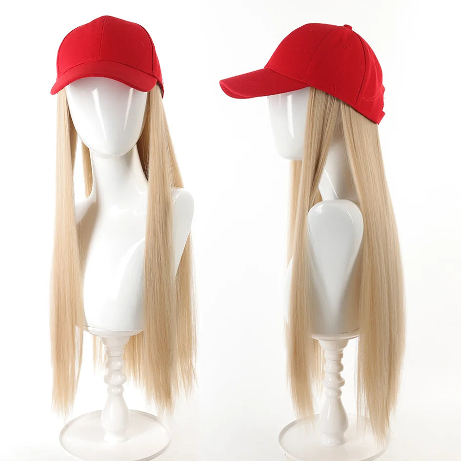 Hat Wigs-synthetic 22inch red baseball cap straight hair wig ducktail long straight hair wig hat extensions wigs christmas hat - Dragonbeast