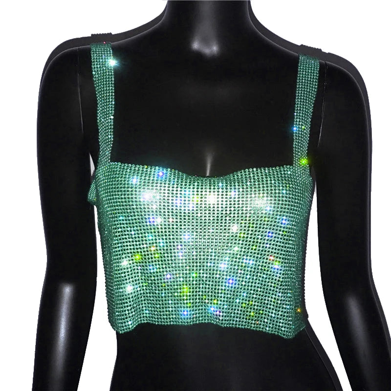 2023 Glitter Nightclub Backless Rhinestone Tank Top Women Sexy Metal Crystal Diamonds Sequined Night Club Party Wear Crop Top