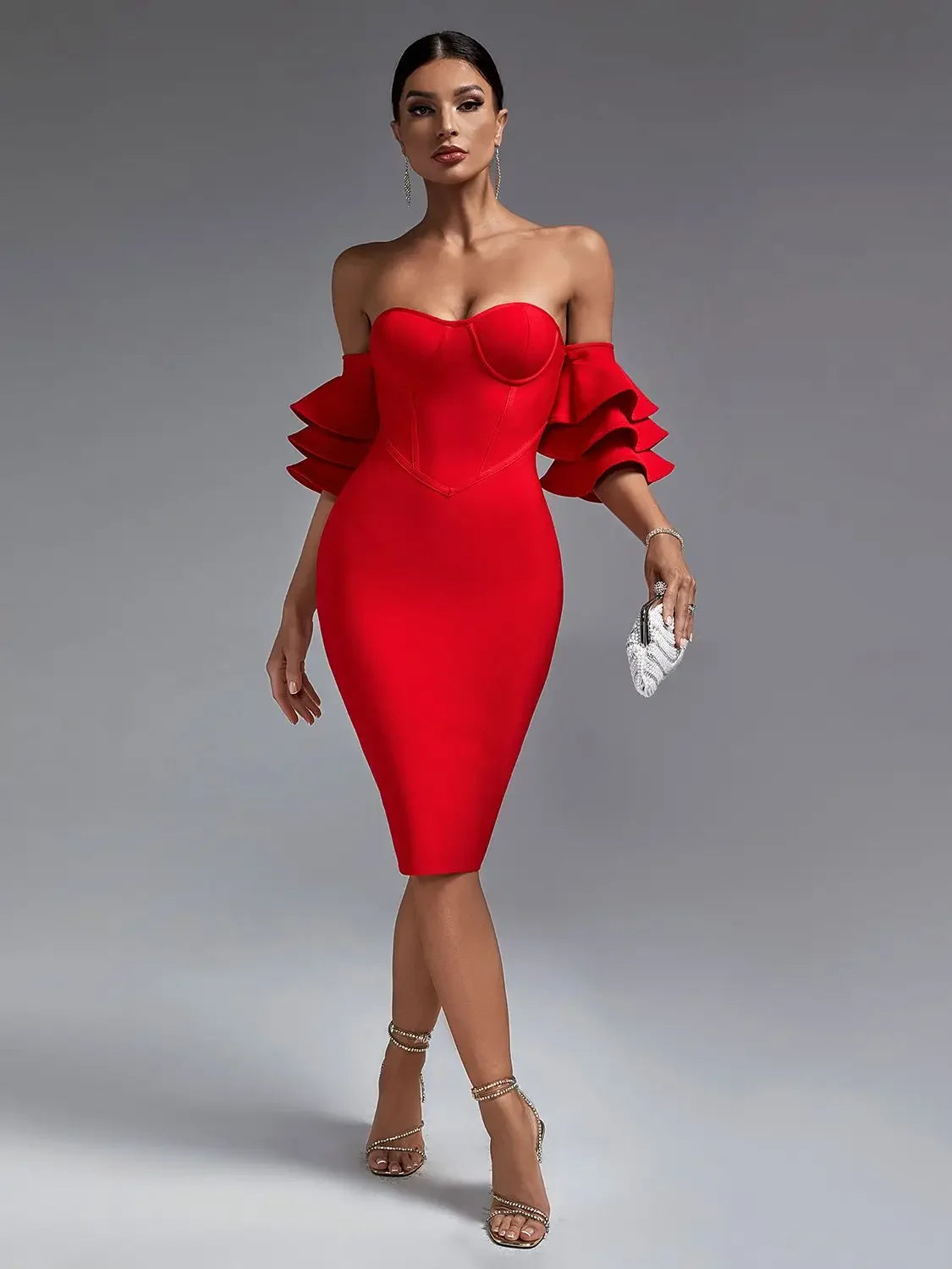 Red Bandage Dress Women Midi Party Dress Bodycon Elegant Ruffle Sexy Off Shoulder Evening Birthday Club Outfits Summer 2023 - Dragonbeast