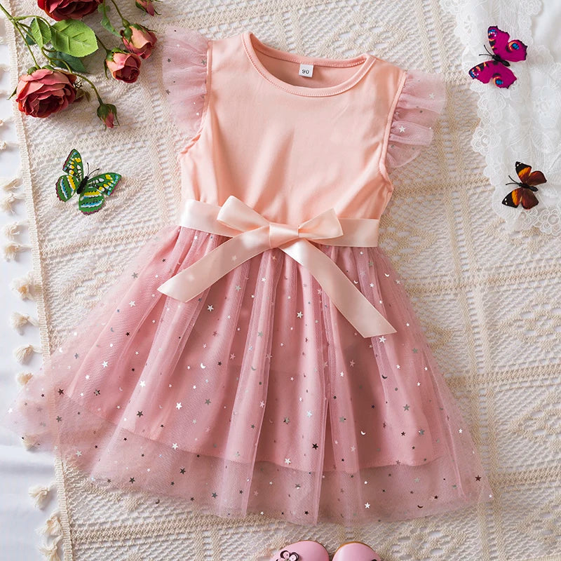 2024 New in Dress Solid Sequin Summer Dress 2 4 6 Years Kid's Princess Dress Fly Sleeve Elegant Cute Birthday Party Dress - Dragonbeast