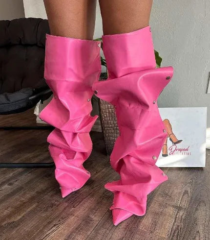 Pointed Toe Fold Knee High Boots Fashion Buckle Stiletto Heels Hot Pink Spring Sexy Girl Wrinkles Shoes Party Dress Shoes - Dragonbeast