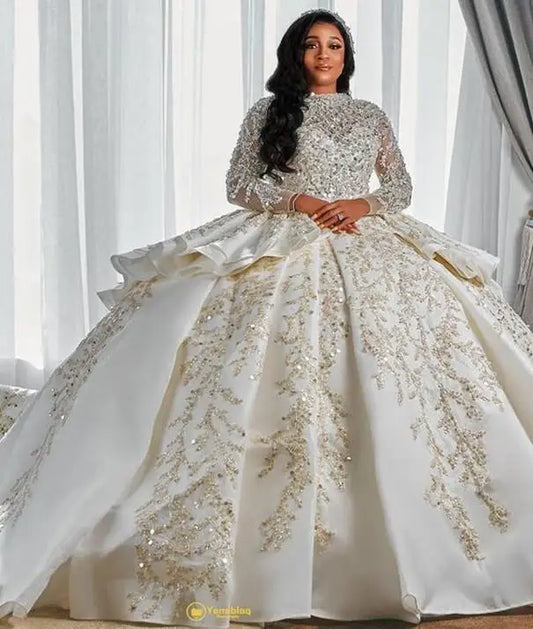 2023 Luxurious Arabic Style A Line Wedding Gowns Long Sleeves Plus Size Puffy Train Princess Sparkly Sequins Bridal Party Dress - Dragonbeast