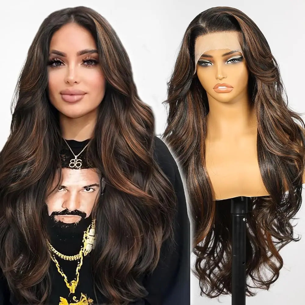 DWY Ash Brown Highlight Synthetic Lace Front Wig 13×6 Body Wave Pre Plucked Lace Wig for Women Wear and Go 28inch Wigs for Daily - Dragonbeast