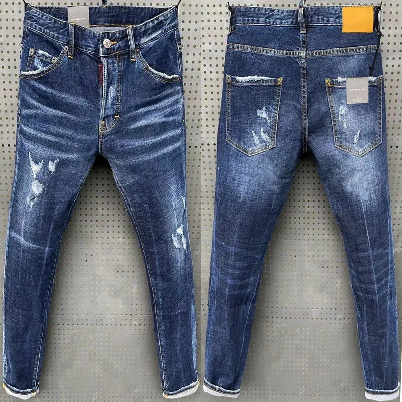 Men Blue Ripped Denim Jeans Italian High Street Style Stretch Denim Long Jeans Pants High Quality Male Slim Denim Trousers 38 - Dragonbeast