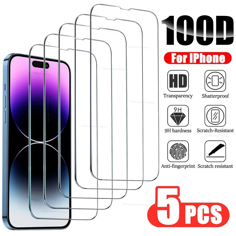 5Pcs Tempered Glass for IPhone 14 13 12 11 Pro Max Screen Protector for IPhone 12Mini 13Mini 7 8 15 Plus SE X XS XR 14Pro Glass - Dragonbeast