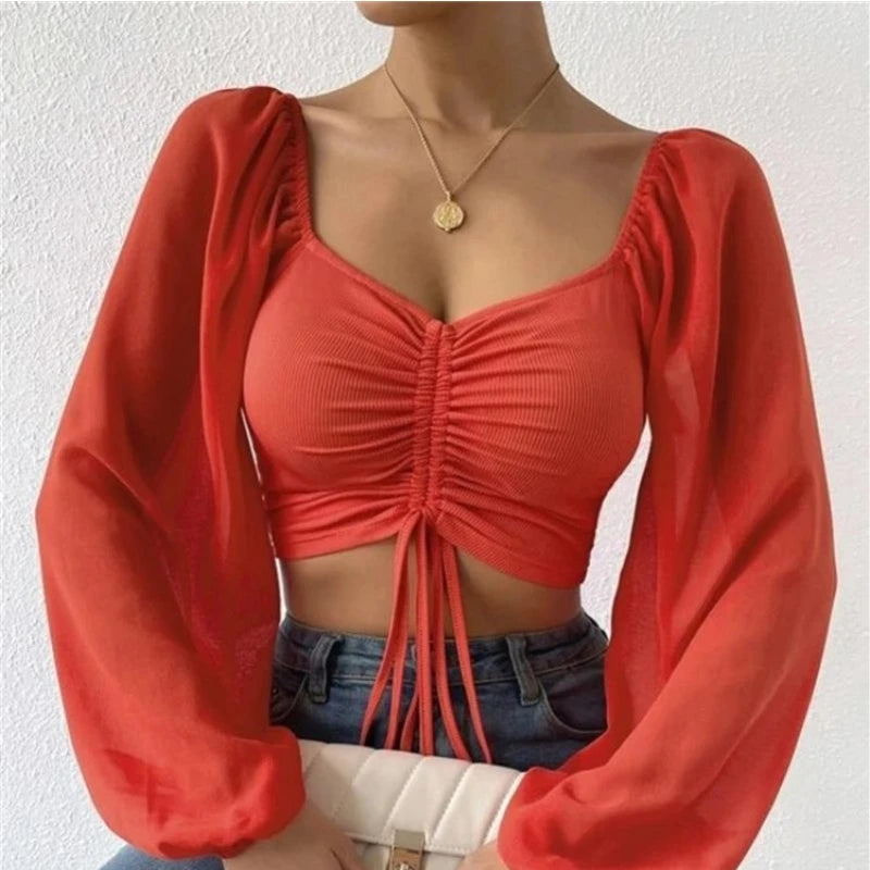 ALLUKASA Sexy Mesh Lantern Sleeves Drawstring Wrap Chest Bare Midriff T Shirt Women Long Sleeves Bottoming - Dragonbeast