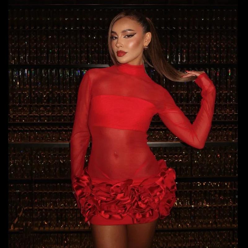 2024 New Sexy Mesh See through Stereoscopic Flowers Red Mini Evening Dress Sweet Woman Birthday Party Dress Performance costume - Dragonbeast