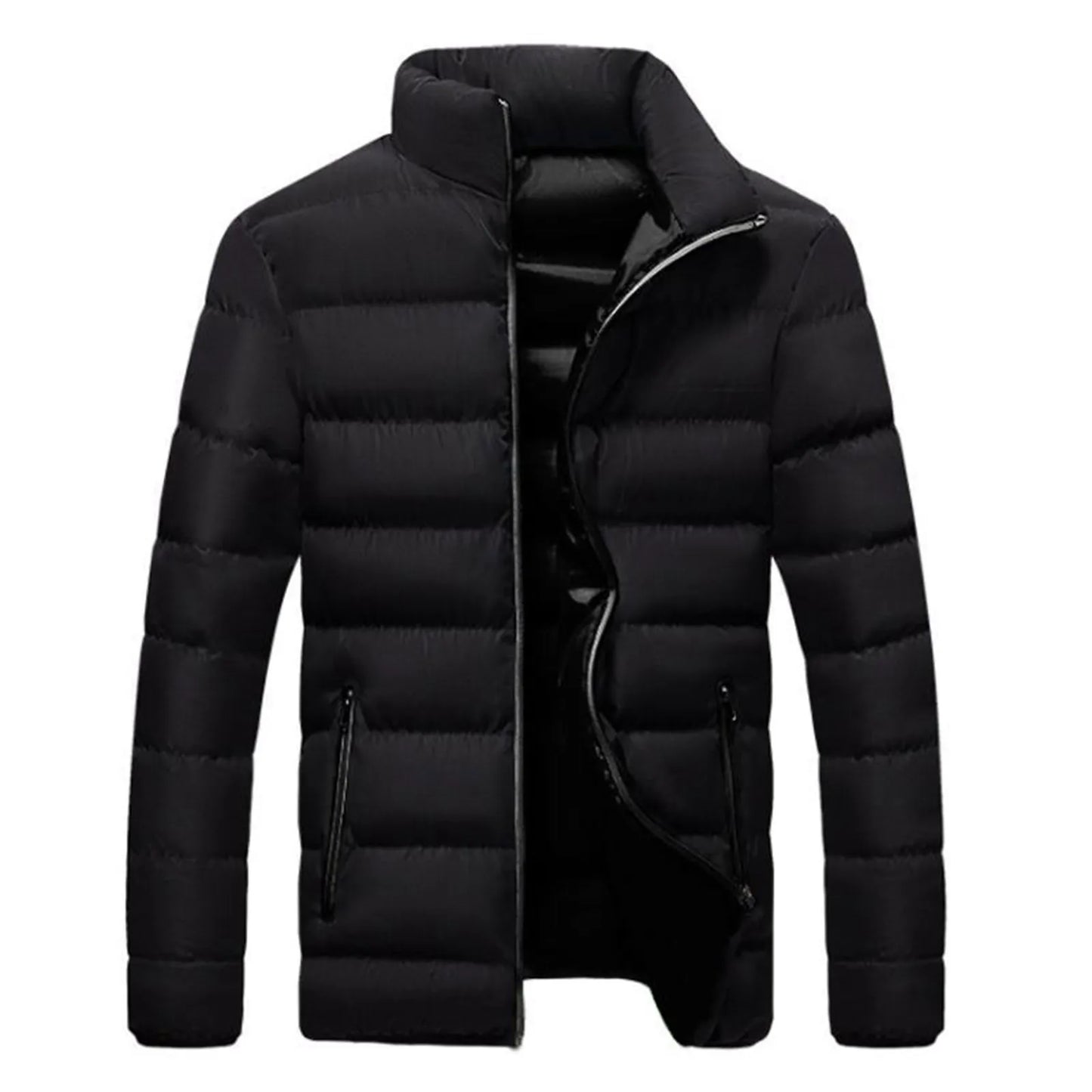 Men's Black Warm Lightweight Down Jackets Winter Zipper Stand Collar Slim Fit Cotton-Padded Clothes Sport Casual Outwears Coats