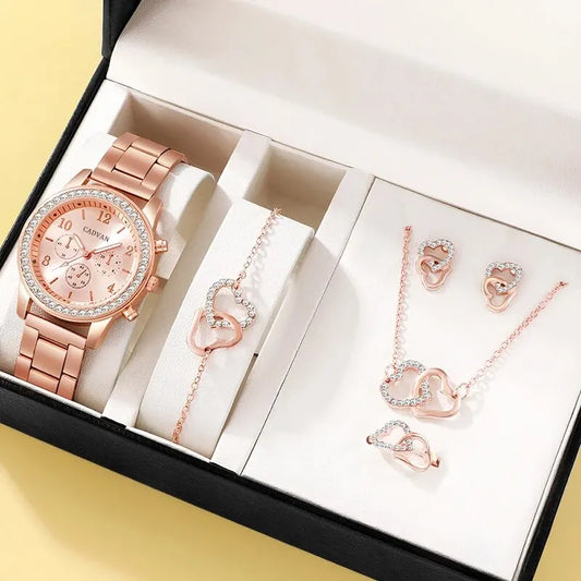 6PCS Set Rose Gold Luxury Watch Women Ring Necklace Earring Rhinestone Fashion Wristwatch Casual Ladies Bracelet Watches - Dragonbeast