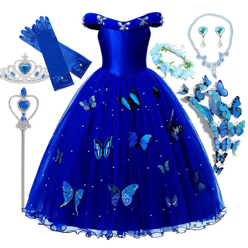 Elegant Dark Blue Party Dress Girls Fancy Sapphire Princess Cinderella Ball Gown Off Shoulder Prom Frock Kid Pearl Embellished - Dragonbeast