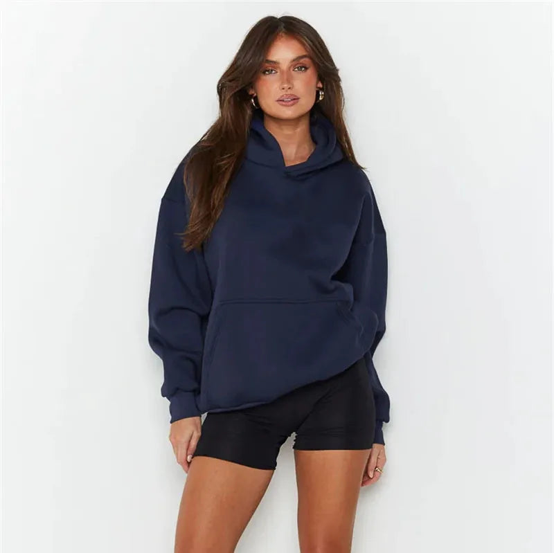 Men women navy blue Hoodies Autumn Long Sleeve Pullover Tops Casual Pocket Hoodies Unisex Outer Loose Sport Wear