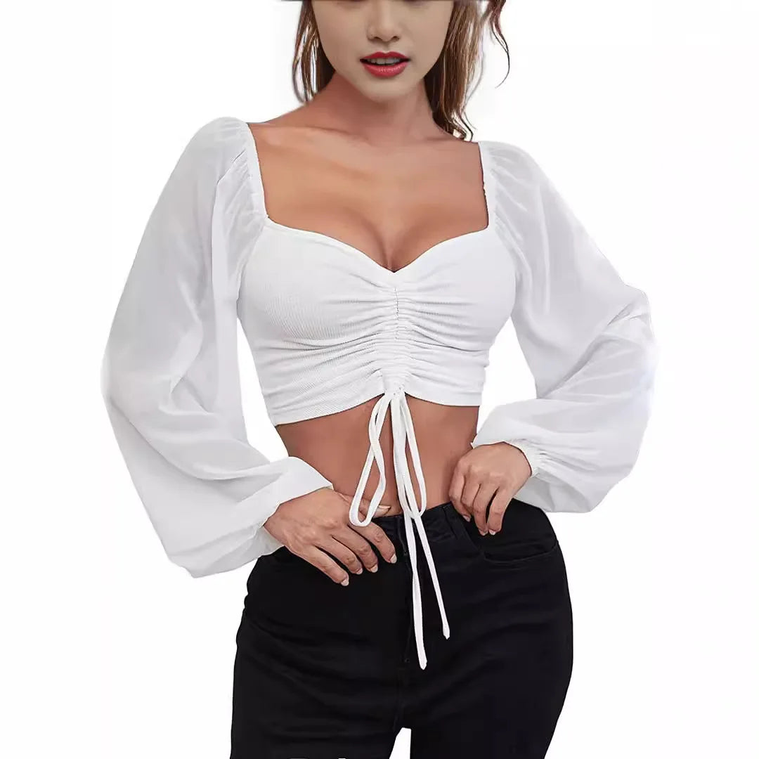 ALLUKASA Sexy Mesh Lantern Sleeves Drawstring Wrap Chest Bare Midriff T Shirt Women Long Sleeves Bottoming - Dragonbeast