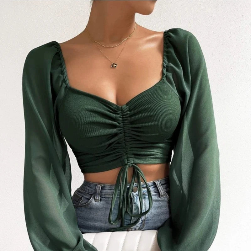 ALLUKASA Sexy Mesh Lantern Sleeves Drawstring Wrap Chest Bare Midriff T Shirt Women Long Sleeves Bottoming - Dragonbeast