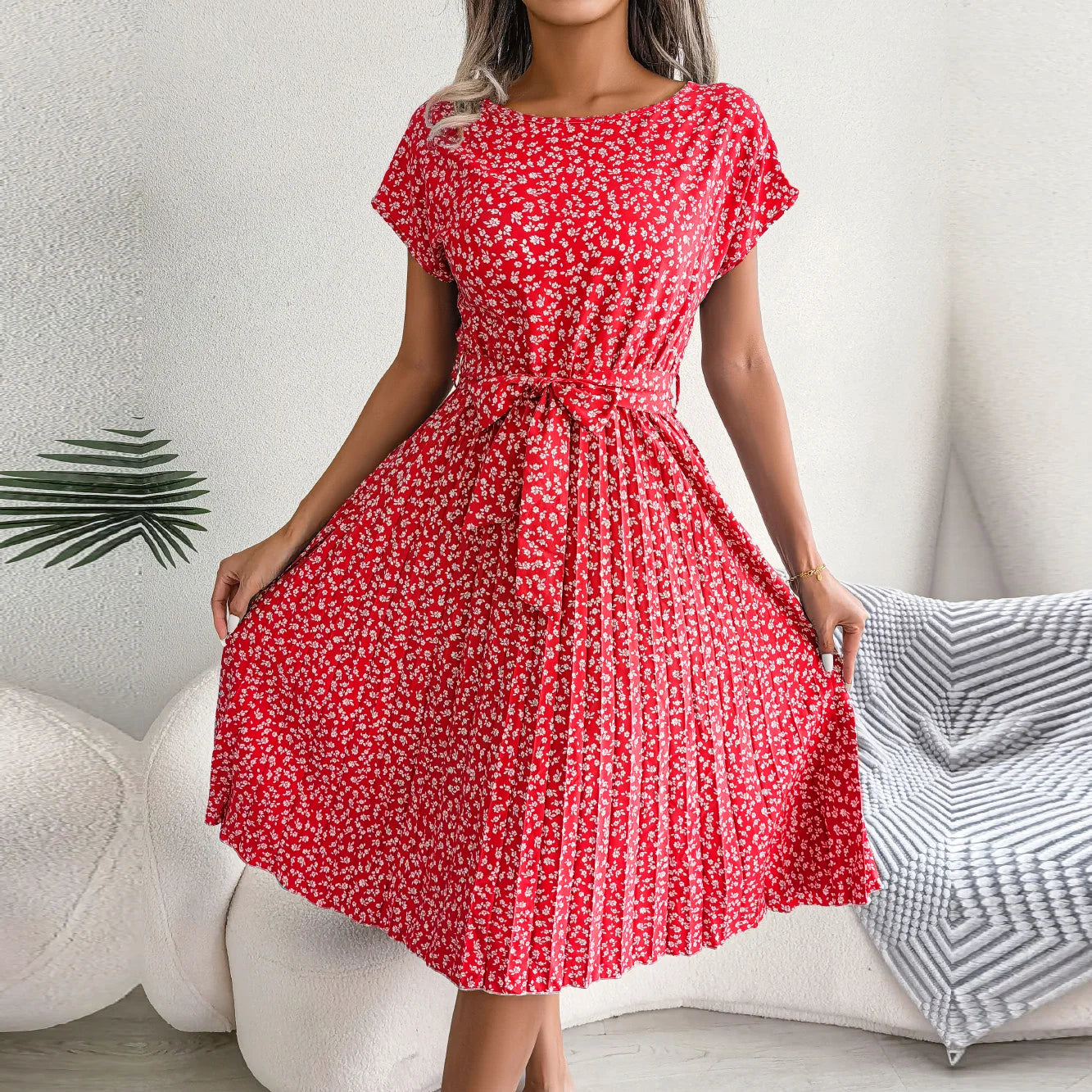 Women Spring Summer Short Sleeve High Waist Chic Dress Fashion Floral Pleated A Line Long Dress - Dragonbeast