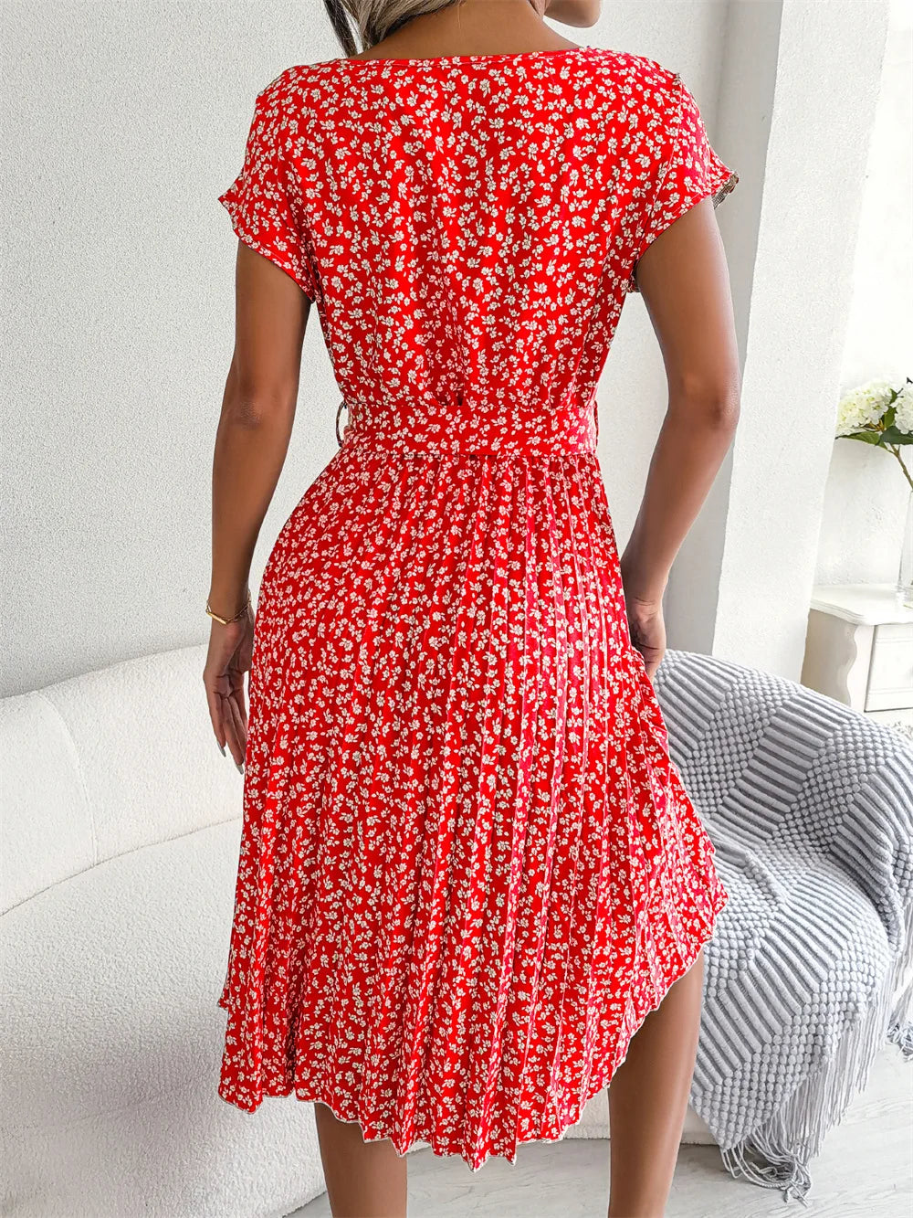 Women Spring Summer Short Sleeve High Waist Chic Dress Fashion Floral Pleated A Line Long Dress - Dragonbeast