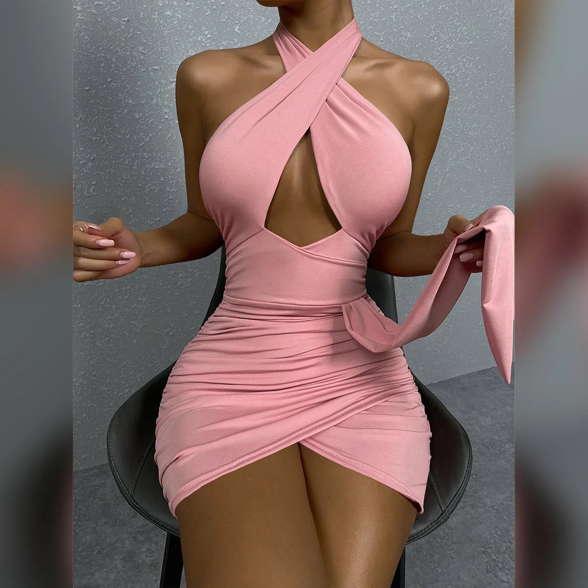 Summer Sexy Halter Cross Night Club Dress for Women Backless Cut-out Pleated Mini Party Dress Sleeveless Buttocks Bodycon Dress - Dragonbeast