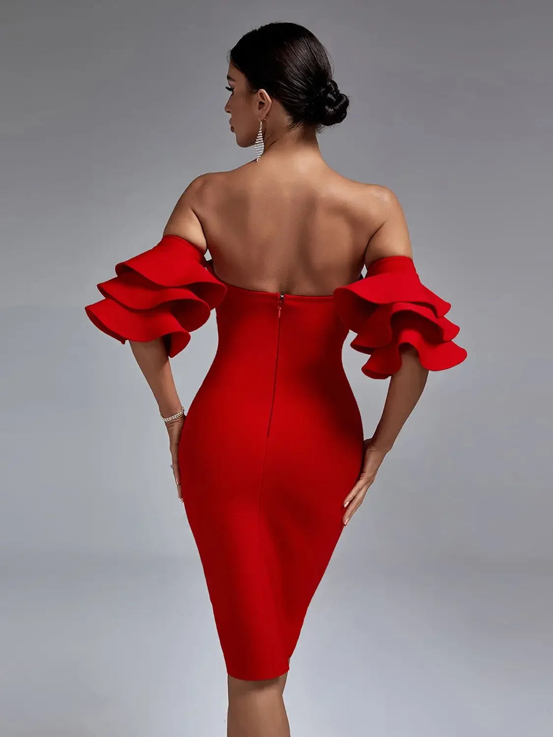 Red Bandage Dress Women Midi Party Dress Bodycon Elegant Ruffle Sexy Off Shoulder Evening Birthday Club Outfits Summer 2023 - Dragonbeast