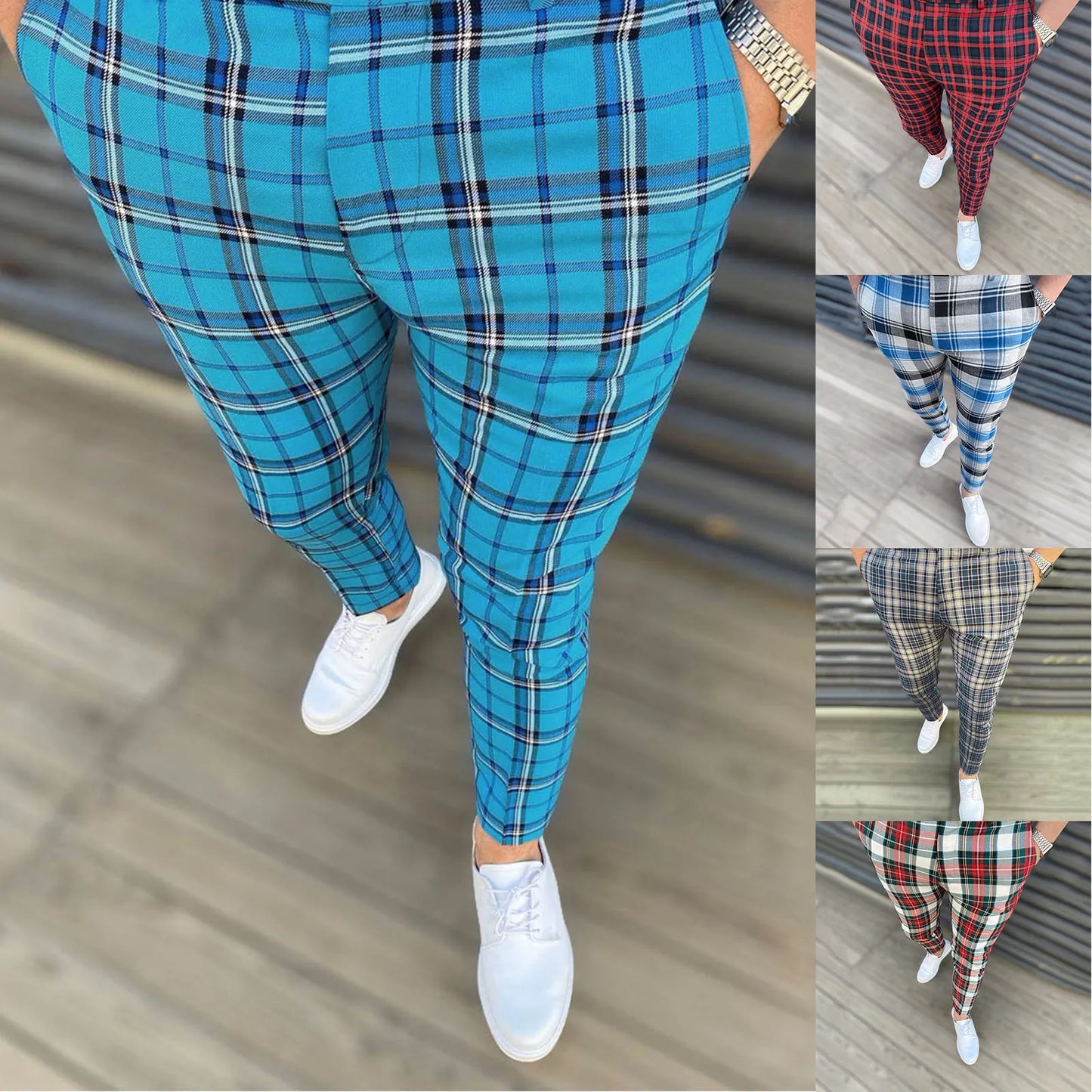 Cargo Pants Men Plus Size Mens Four Seasons Fashion Casual Plaid Printed Pocket Zipper Button Feet Pants Suit Ropa De Hombre