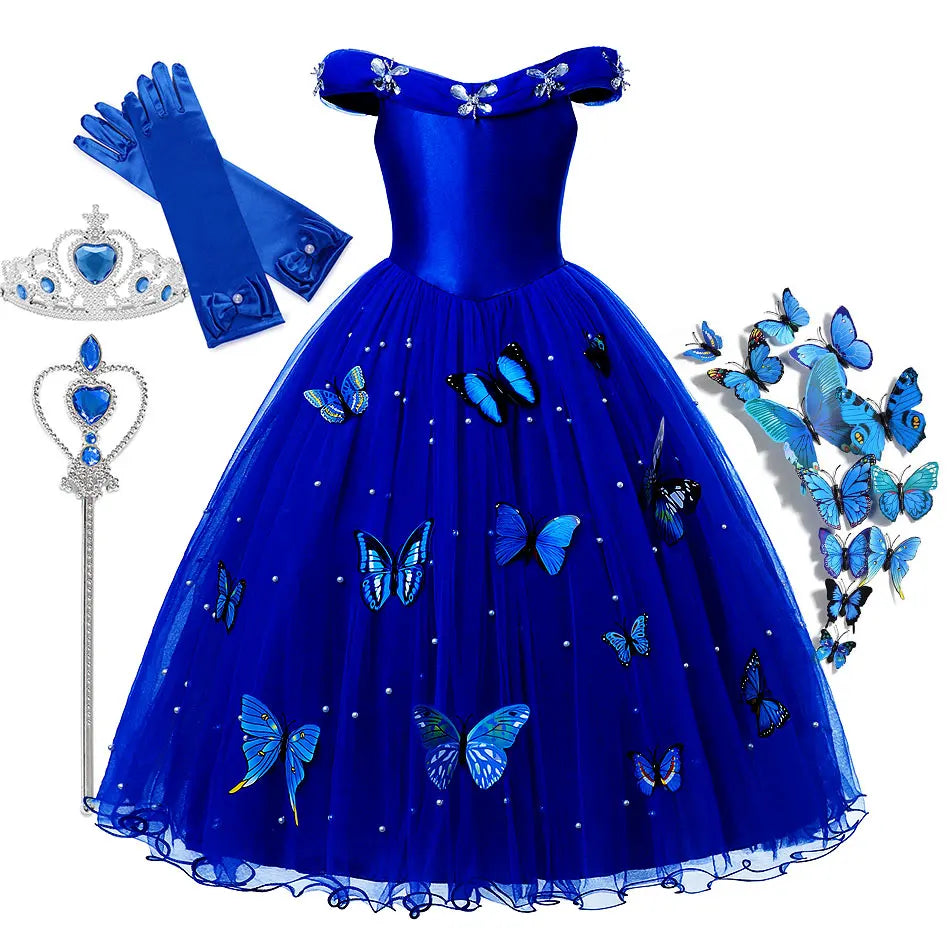 Elegant Dark Blue Party Dress Girls Fancy Sapphire Princess Cinderella Ball Gown Off Shoulder Prom Frock Kid Pearl Embellished - Dragonbeast