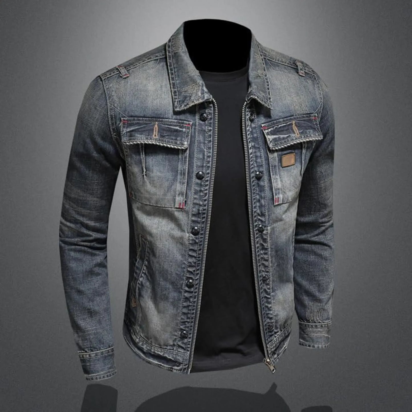 Vintage Denim Jacket With Zip Stand Up Cotton Slim Fit Denim Coat Jeans Jacket Classic Hip Hop Varsity Jacket Winter Jacket Men