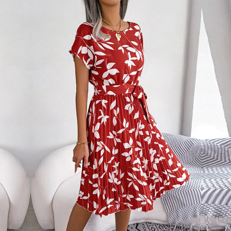 Women Spring Summer Short Sleeve High Waist Chic Dress Fashion Floral Pleated A Line Long Dress - Dragonbeast