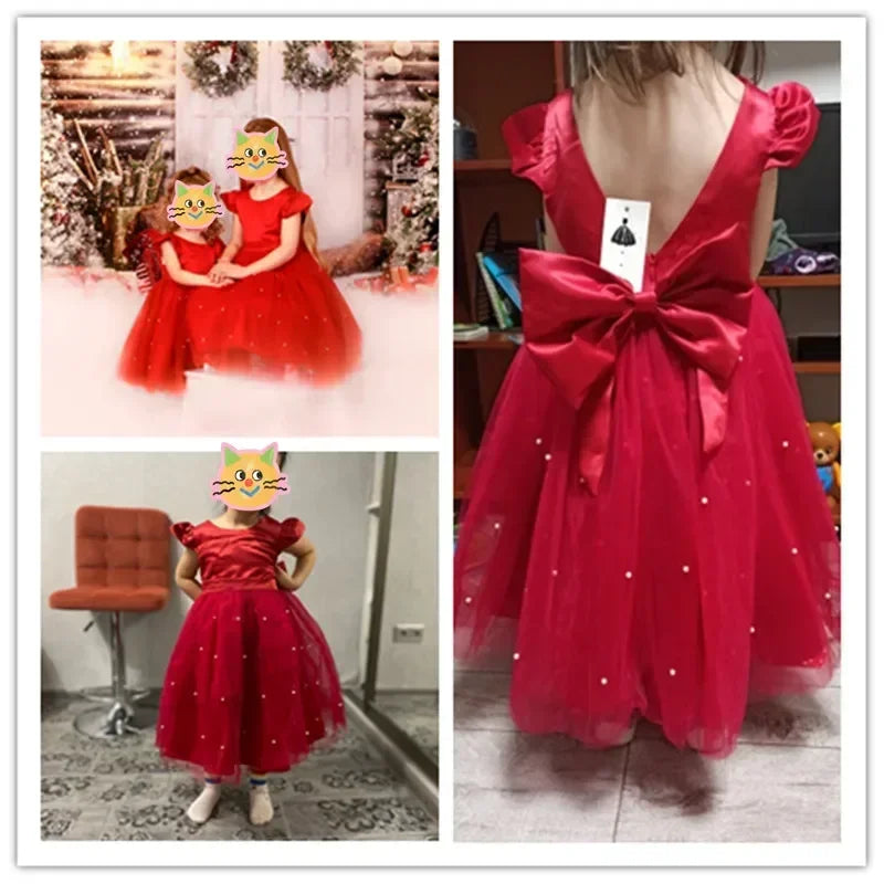 Kids Girls Christmas Party Dress Princess Pearls Mesh Dress for Baby Girl Red New Year Dresses for Girls Flower Girls Clothing - Dragonbeast