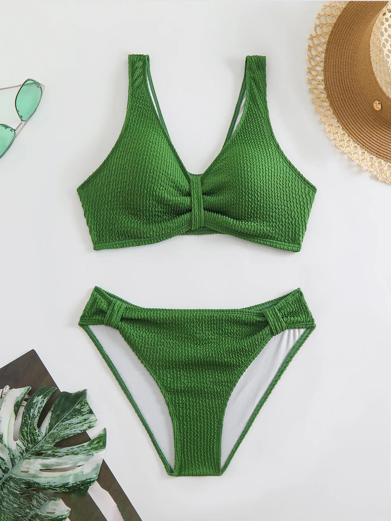 2025 Summer New Women's 2 Piece Swimsuit Solid Color High Waist Bikini Set V-neck Backless Beach Vacation Bathing Suit Swimwear