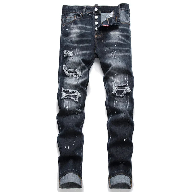 Men Blue Ripped Denim Jeans Italian High Street Style Stretch Denim Long Jeans Pants High Quality Male Slim Denim Trousers 38 - Dragonbeast