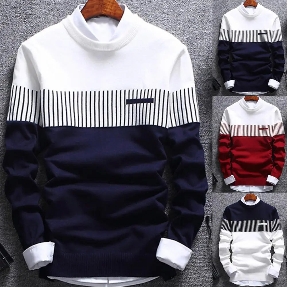 Fashion Men striped Sweater pullover Color Block Patchwork O Neck Long Sleeve Knitted Sweater Top Blouse For Warm Men's Clothing - Dragonbeast