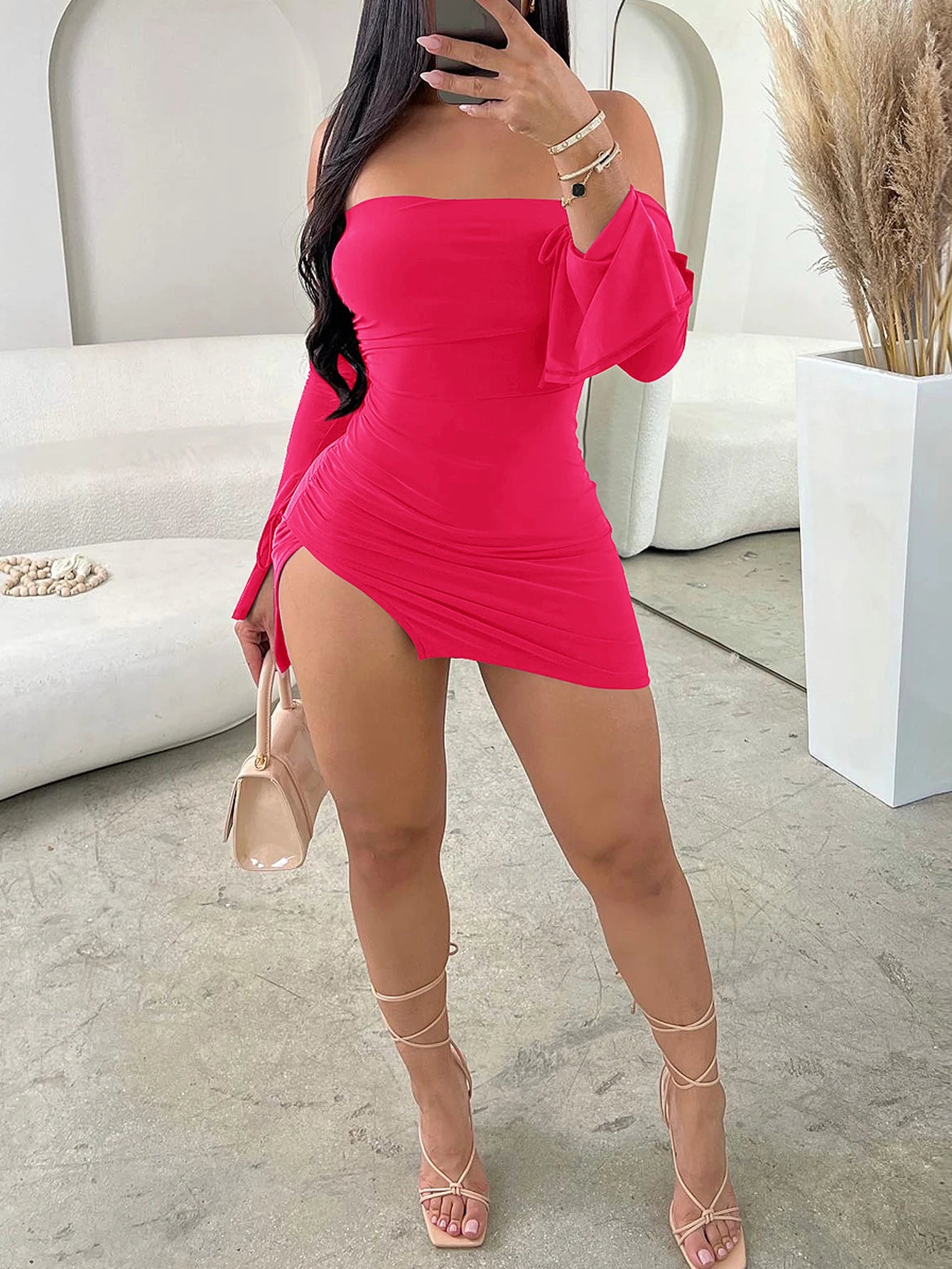 Women Strapless Backless  Mini Dress For Women Black Off-shoulder Long Sleeve Bodycon Club Party Dress Clothes - Dragonbeast